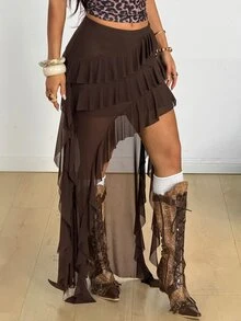 Coolane Women's Summer Concert Streetwear Vacation Boho Y2K Country Concert Gyaru Lace Asymmetrical Ruffle Hem Low Rise Long Skirts - Brown - View 4