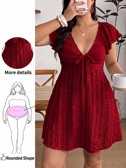 Enliva Plus Size Women's Jacquard Shirt Dress, Casual Women's Small Flared Sleeve Dress, Ruffle Sleeve Dress, Casual Young Women's Summer Dress, Casual Women's Dress, Tie-Front Short Sleeve Shirt Dress, Summer Women's Dress, Elegant Summer Women's Dress