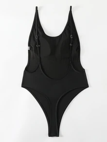 SHEIN Swim Summer Beach Solid Color Backless One-Piece Swimsuit Music Festival - Black - View 3