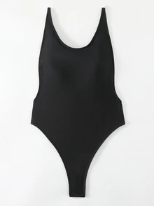SHEIN Swim Summer Beach Solid Color Backless One-Piece Swimsuit Music Festival - Black - View 2