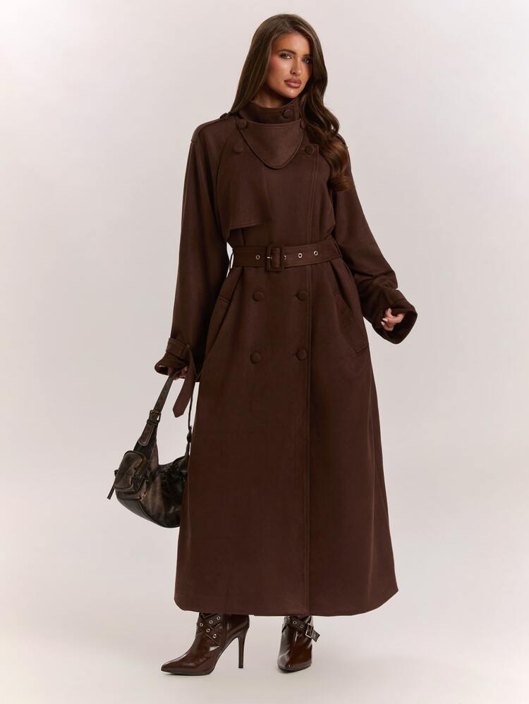 SHEIN BAE Women's Solid Color Raglan Long Sleeve Double-Breasted Casual Trench Coat Jacket - Brown - View 7
