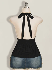 SHEIN ICON Halloween Women's Halter Backless Black Babydoll Tank Top Going Out Night Out Summer Elegant Sexy - Black - View 2