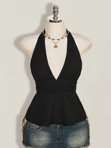 SHEIN ICON Halloween Women's Halter Backless Black Babydoll Tank Top Going Out Night Out Summer Elegant Sexy - Black - View 11