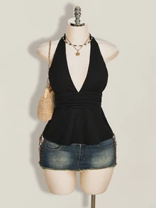 SHEIN ICON Halloween Women's Halter Backless Black Babydoll Tank Top Going Out Night Out Summer Elegant Sexy - Black - View 10
