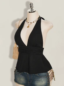 SHEIN ICON Halloween Women's Halter Backless Black Babydoll Tank Top Going Out Night Out Summer Elegant Sexy - Black - View 4