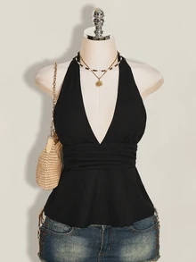 SHEIN ICON Halloween Women's Halter Backless Black Babydoll Tank Top Going Out Night Out Summer Elegant Sexy - Black - View 3