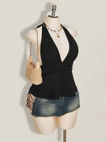 SHEIN ICON Halloween Women's Halter Backless Black Babydoll Tank Top Going Out Night Out Summer Elegant Sexy - Black - View 6
