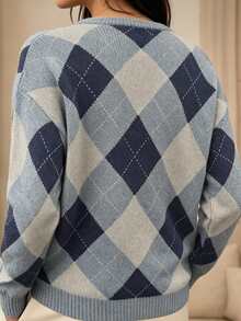 SHEIN Holidaya Plus Size Women's Autumn/Winter Casual Style Minimalist Versatile Retro Color-Block Argyle Jacquard Round Neck Loose Knit Sweater Top - Blue - View 2