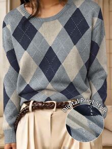 SHEIN Holidaya Plus Size Women's Autumn/Winter Casual Style Minimalist Versatile Retro Color-Block Argyle Jacquard Round Neck Loose Knit Sweater Top - Blue - View 1