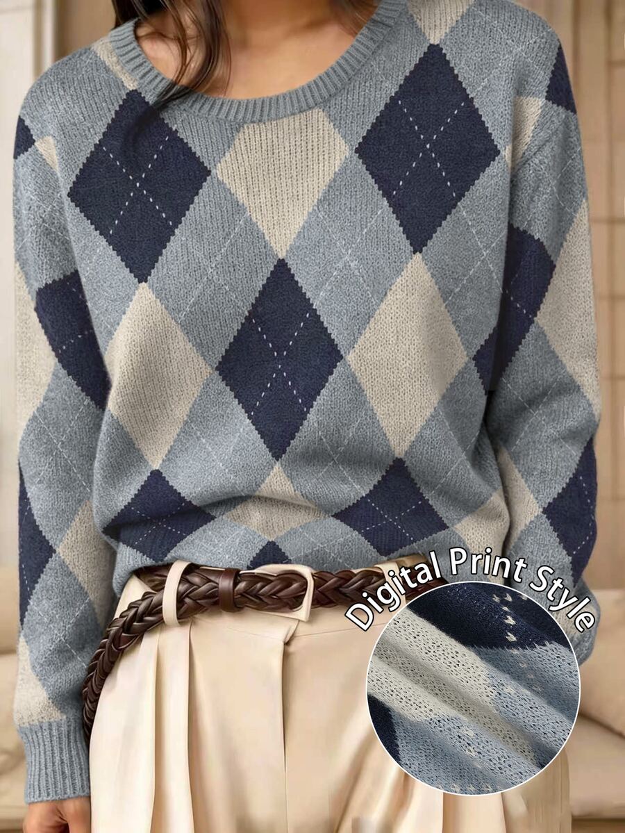 SHEIN Holidaya Plus Size Women's Autumn/Winter Casual Style Minimalist Versatile Retro Color-Block Argyle Jacquard Round Neck Loose Knit Sweater Top - Blue - View 1