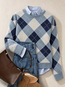 SHEIN Holidaya Plus Size Women's Autumn/Winter Casual Style Minimalist Versatile Retro Color-Block Argyle Jacquard Round Neck Loose Knit Sweater Top - Blue - View 3