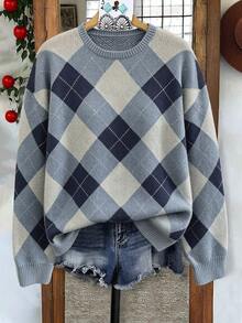SHEIN Holidaya Plus Size Women's Autumn/Winter Casual Style Minimalist Versatile Retro Color-Block Argyle Jacquard Round Neck Loose Knit Sweater Top - Blue - View 4