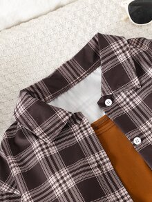 SHEIN 3件組女童秋冬返校套裝 8-13歲，棕色休閒極簡風細肩帶內搭，咖啡色格紋鈕扣領長袖襯衫外套，鬆緊腰蝴蝶結刺繡口袋寬鬆長褲，舒適柔軟運動通勤風，適合春夏秋冬外出，送禮首選 - 棕色 - 查看 4