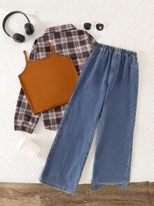 SHEIN 3件組女童秋冬返校套裝 8-13歲，棕色休閒極簡風細肩帶內搭，咖啡色格紋鈕扣領長袖襯衫外套，鬆緊腰蝴蝶結刺繡口袋寬鬆長褲，舒適柔軟運動通勤風，適合春夏秋冬外出，送禮首選 - 棕色 - 查看 2