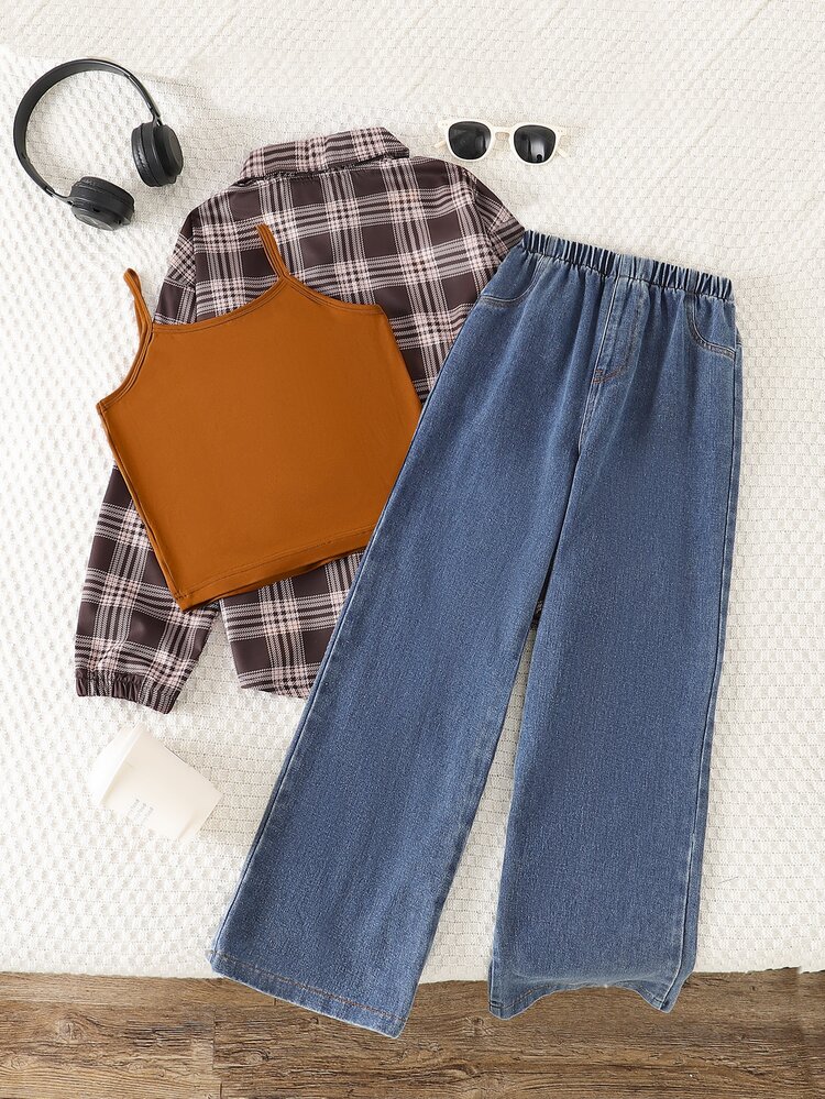 SHEIN 3pcs/Set Girls Autumn/Winter Back To School Outfit, 8-13Y, Brown Casual Minimalist Camisole Inner Layer, Coffee Plaid Button-Up Collared Long Sleeve Shacket, Elastic Waist Bow Embroidered Pocket Loose Long Pants, Comfortable Soft Sporty Commute, Suitable For Spring/Autumn/Winter Outings, Gift Idea - Brown - View 2