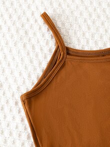 SHEIN 3件組女童秋冬返校套裝 8-13歲，棕色休閒極簡風細肩帶內搭，咖啡色格紋鈕扣領長袖襯衫外套，鬆緊腰蝴蝶結刺繡口袋寬鬆長褲，舒適柔軟運動通勤風，適合春夏秋冬外出，送禮首選 - 棕色 - 查看 7