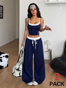 Coolane Women's Spring/Summer Fashion Street Style 2 In 1 Set, Contrast Color Patchwork Camisole + Contrast Color Pants - Blue and White - View 1