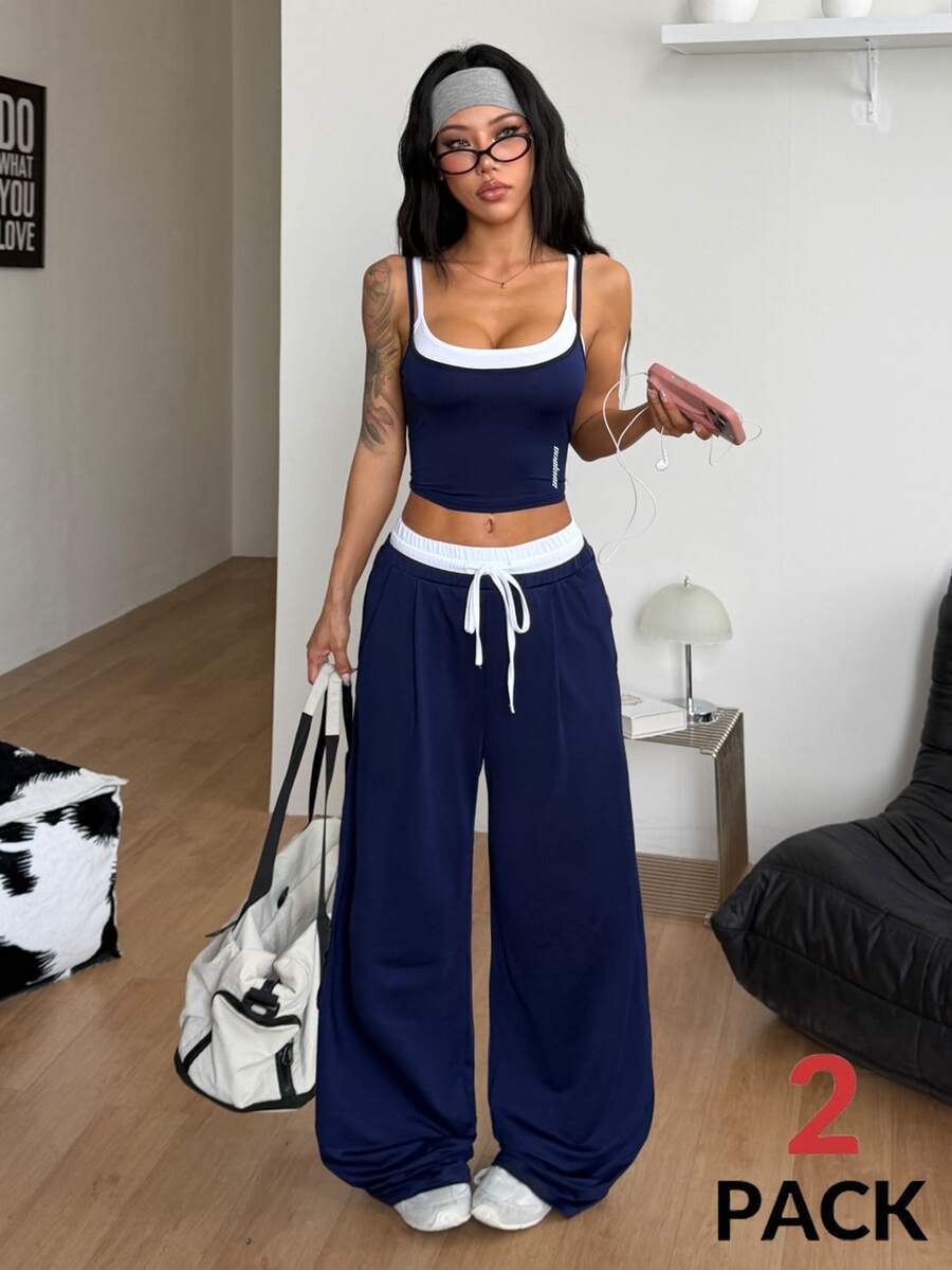 Coolane Women's Spring/Summer Fashion Street Style 2 In 1 Set, Contrast Color Patchwork Camisole + Contrast Color Pants - Blue and White - View 1