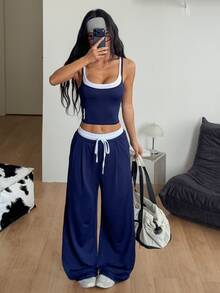 Coolane Women's Spring/Summer Fashion Street Style 2 In 1 Set, Contrast Color Patchwork Camisole + Contrast Color Pants - Blue and White - View 3