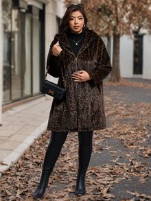 Reflora Plus Size Women's Leopard Print Fashion Versatile Winter Faux Fur Coat Formal Nightwear Going Out Brown Elegant - Brown - View 11