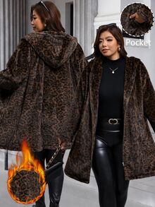 Reflora Plus Size Women's Leopard Print Fashion Versatile Winter Faux Fur Coat Formal Nightwear Going Out Brown Elegant - Brown - View 8
