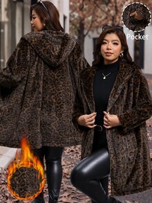 Reflora Plus Size Women's Leopard Print Fashion Versatile Winter Faux Fur Coat Formal Nightwear Going Out Brown Elegant - Brown - View 1