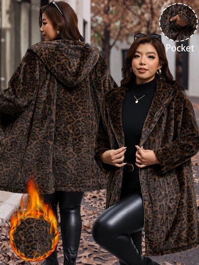Reflora Plus Size Women's Leopard Print Fashion Versatile Winter Faux Fur Coat Formal Nightwear Going Out Brown Elegant