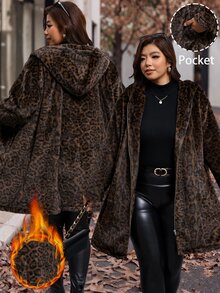 Reflora Plus Size Women's Leopard Print Fashion Versatile Winter Faux Fur Coat Formal Nightwear Going Out Brown Elegant - Brown - View 6