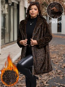 Reflora Plus Size Women's Leopard Print Fashion Versatile Winter Faux Fur Coat Formal Nightwear Going Out Brown Elegant - Brown - View 3