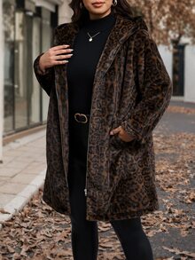 Reflora Plus Size Women's Leopard Print Fashion Versatile Winter Faux Fur Coat Formal Nightwear Going Out Brown Elegant - Brown - View 10