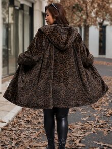 Reflora Plus Size Women's Leopard Print Fashion Versatile Winter Faux Fur Coat Formal Nightwear Going Out Brown Elegant - Brown - View 2