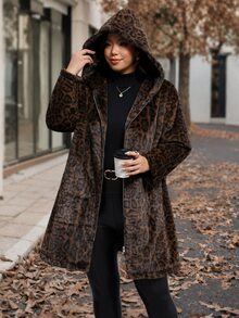 Reflora Plus Size Women's Leopard Print Fashion Versatile Winter Faux Fur Coat Formal Nightwear Going Out Brown Elegant - Brown - View 9