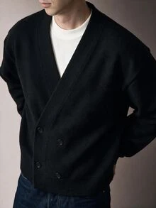 FeverCity Men's Solid Color Long Sleeve Double-Breasted Casual Knit Cardigan - Black - View 1