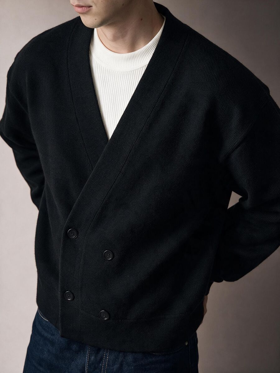 FeverCity Men's Solid Color Long Sleeve Double-Breasted Casual Knit Cardigan - Black - View 1