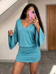 Fiercella Fiercella Women's Street Retro Deep V-Neck Long Sleeve Flare Bodycon Dress - Green - View 8