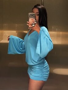 Fiercella Fiercella Women's Street Retro Deep V-Neck Long Sleeve Flare Bodycon Dress - Green - View 10