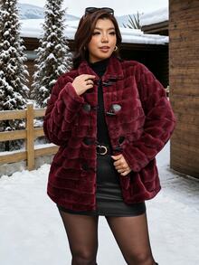 Reflora Plus Size Women's Solid Color Fashion Versatile Winter Faux Fur Coat Going Out Club Burgundy Elegant - Red - View 5