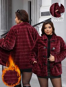 Reflora Plus Size Women's Solid Color Fashion Versatile Winter Faux Fur Coat Going Out Club Burgundy Elegant - Red - View 6