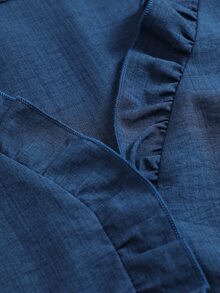 Weeklong Women's Plus Size Spring/Autumn V-Neck Frill Trim Denim Shirt, Loose Fit Flattering 3/4 Sleeve Casual Commuter Versatile Top Fall/Winter Chic - Blue - View 3
