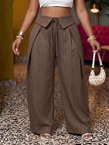 Veslaya Plus Size Women's Folded Waist Striped Front Tie Wide Leg Loose Long Pants - Coffee Brown - View 1