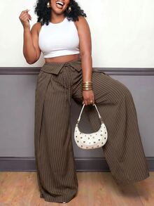 Veslaya Plus Size Women's Folded Waist Striped Front Tie Wide Leg Loose Long Pants - Coffee Brown - View 5