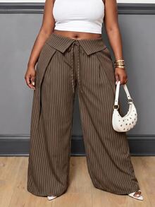 Veslaya Plus Size Women's Folded Waist Striped Front Tie Wide Leg Loose Long Pants - Coffee Brown - View 8