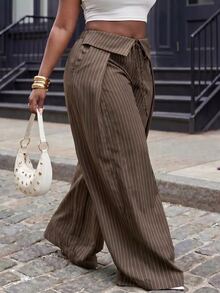 Veslaya Plus Size Women's Folded Waist Striped Front Tie Wide Leg Loose Long Pants - Coffee Brown - View 6