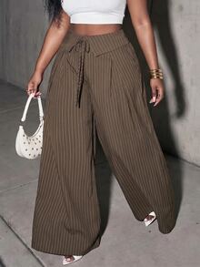 Veslaya Plus Size Women's Folded Waist Striped Front Tie Wide Leg Loose Long Pants - Coffee Brown - View 2