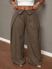 Veslaya Plus Size Women's Folded Waist Striped Front Tie Wide Leg Loose Long Pants - Coffee Brown - View 7