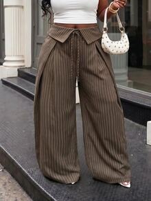 Veslaya Plus Size Women's Folded Waist Striped Front Tie Wide Leg Loose Long Pants - Coffee Brown - View 9