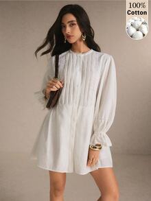Poéselle Women's Solid Color Round Neck Ruffle Cuff Single-Breasted Casual Mini Dress - White - View 2