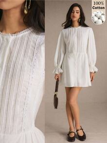 Poéselle Women's Solid Color Round Neck Ruffle Cuff Single-Breasted Casual Mini Dress - White - View 1