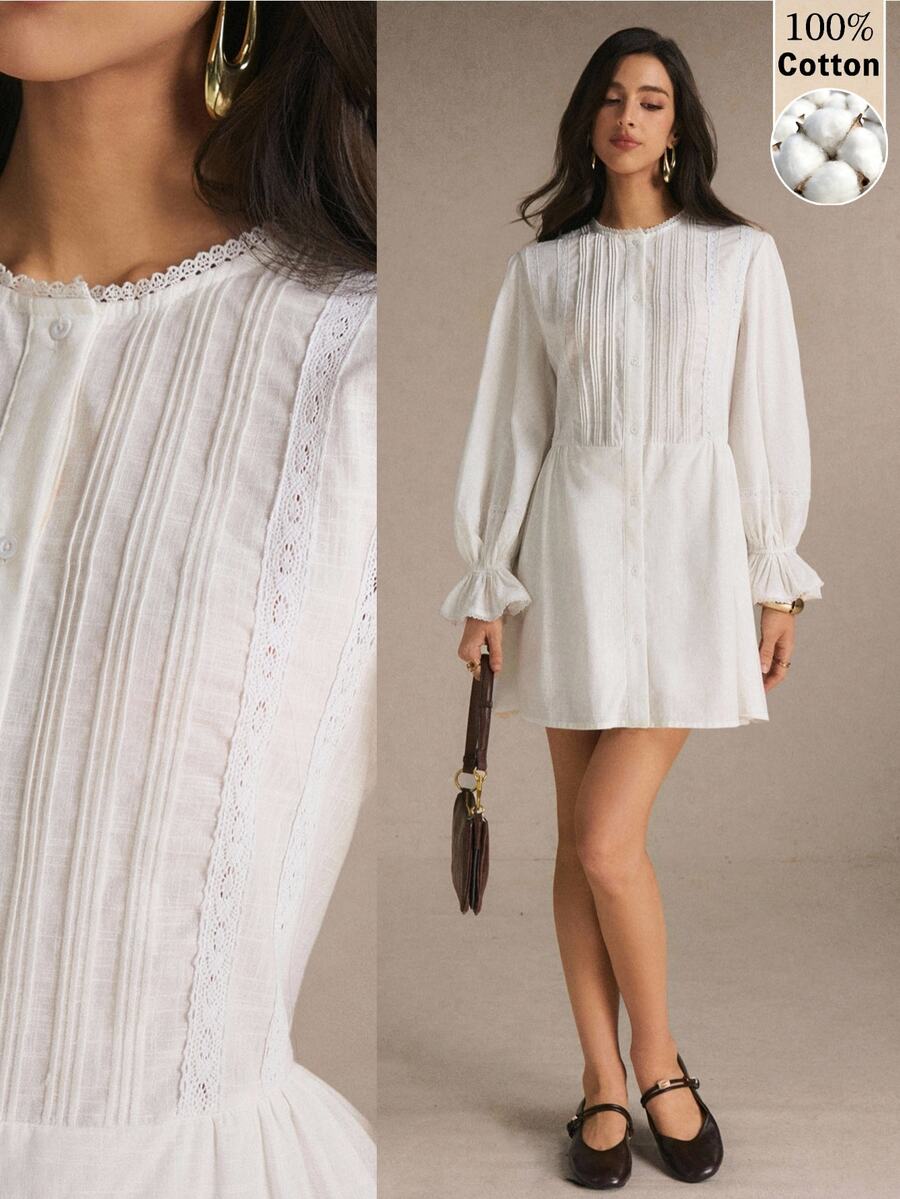 Poéselle Women's Solid Color Round Neck Ruffle Cuff Single-Breasted Casual Mini Dress - White - View 1