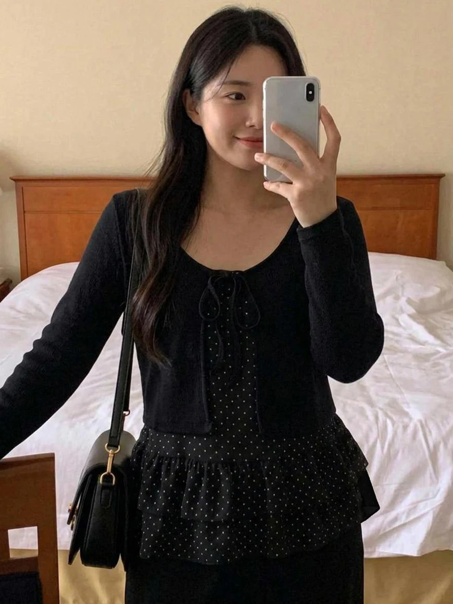 Dazy Plus Polka Dot Camisole & Tie-Front Cardigan 2 Pieces Set, Loose Casual Versatile Spring/Autumn Outfit - Black - View 1